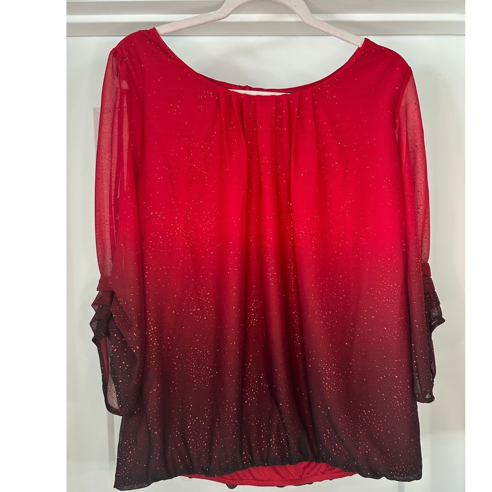 NEW Dina and Ariel Red Ombre Glitter Bubble Hem Blouse Large Shimmer Romantic